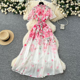 2025 New Holiday Style Dress Women's French Pearl Buckle Waist Thin Temperament Print Chiffon Long Dress