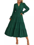 2025 Autumn Long Dress Long Sleeve V-Neck Layered Lotle Leaves By The A-Line Cocktail Party