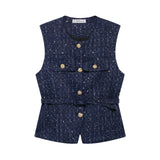 Belt And Beads Coarse Spinning Vest 2025 Spring Temperament Metal Buttonless Sleeveless Round Collar Body Jacket Woman