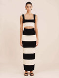 Middle East New Women's Black And White Knitted Striped Long Suit Vest With Sweater Skirt