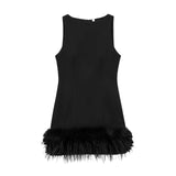 Design Sense A Dress 2025 Autumn New Standing Collar Sleeveless Solid Color Feathers Spliced Dress Dress Woman