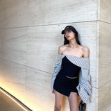 Women's Clothing 2025 Summer New Fashion Stripe Bumped A Word Shoulder-To-Shoulder Repair Slim Thin Long-Sleeved Top Lady