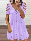 New Wish Women's V-Neck Zipper Printed Short Sleeves Relaxed Casual Lavender Dress