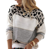 Colored Leopard-Print Round-Neck Casual Sweater Autumn And Winter New Women's Knitted Shirt Women's Long-Sleeved Bottom Shirt