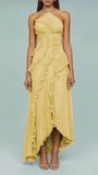 2025 Summer Women's New Temperament Of The Famous Lotus Leaves Side Fold Hanging Neck Hanging Dress Dress Dress Dress Dress