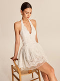 2025 New Women's White Lace Dress French Sleeveless Hanging Neck V-Neck Dress