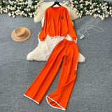 Fashion Letter Embroidered Knitted Shirt Long Sleeve Sweater High Waist Broad Leg Trousers Casual Sports Two-Piece Suit Woman