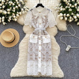 French Court Feng Sleeve Lace Dress Hollow Hook Butterfly Tie Sling Temperament Elegant Dress