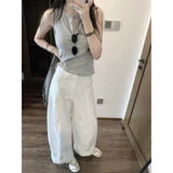 Summer Atmosphere Is Beautiful Wearing A Korean Slimming Knitted Vest White Broad Leg Casual Pants Set Woman
