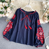 Ins Travel To Shoot Retro National Wind Embroidery With Tuxedo V-Neck Lantern Sleeve Top Lady 0515
