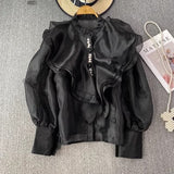 French Court Style Super Fairy Collar Layer Lotus Edge Eugen Yarn Perspective Single Buckle Shirt Female Gas Top