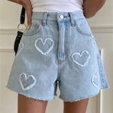 Sweet And Cute Hairy Heart Pattern Denim Shorts Women's Summer New High-Waisted Loose Thin Leg Shorts