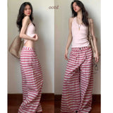 Lazy And Languid Temperament Short-Sleeved Top High Waist With Loose Pink Striped Broad Leg Trousers Set