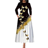 Fashion Women's Autumn And Winter Butterfly Print Long-Sleeved Dress Pocket Temperament Round Tie Sling A Word Long Dress