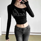 2025 Winter Fashion Trend Women's New Personality Hottie Slant Shoulder Repair Letter Hot Umbilical Umbilical Clad Tops