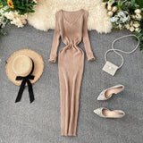 Dress Women's Autumn And Winter 2025 New Korean Version Of Simple Solid Color Long Sleeves Tight Waist Thin Knit Long Dress