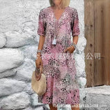 2025 New Printed Summer V-Neck Casual Holiday Bag Dress Home Clothes Women