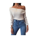 Women's Spring New Sexy Fashion Long-Sleeved Knitted Shirt Slanted Shoulder Sweater Top Woman