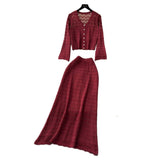 Korean Wearing A Female Gentle Wind High-End Feeling V-Neck Long-Sleeved Empty Crochet Knitted Half-Dress