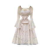 French High-End Heavy Industry Nail Drill Three-Dimensional Flower Square Collar Horn Sleeves To Close The Waist Hollow Lace Dress 20