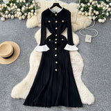 French Small Fragrant Wind Bumpy Round Collar Horn Sleeve Single Buckle Waist Knitted Dress Women Autumn Body Sweater Dress