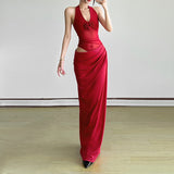 2025 Spring And Summer New Women's Temperament Retro Fake Two Hanging Neck V-Neck Empty Net Yarn Dress Woman