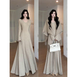 Royal Sister Temperament Knitting Set Autumn V Collar With Long-Sleeved Dress Shawl Two Sets Of Women