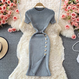 Korean Version Of The Solid Color Collar Buckle Body Short Sleeve Elastic Knitted Forked And Left-Sleeved Dress 0022