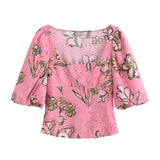 2025 Summer New Women's Collar Bubble Sleeve Short Linen-Blend Print Top