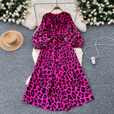 French Retro Niche Print Dress Woman 2025 Autumn Strap To The Waist Round Lantern Sleeves Thin Dress