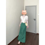 Ultra-Good View Of The Unique Beautiful V-Neck Bubble Sleeve Shirt For Women's Summer New Green Floral Skirt Set