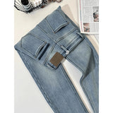 Blue Plus Thick Narrow Version Of Straight Jeans Women's Autumn And Winter Design Slimming Thin Broad Legs Long Pants