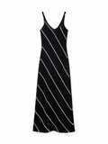New Women's Fashion Elegant Crochet Sling Dress V-Neck Striped Sexy Wisted Dress