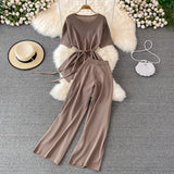 Fashion Suit Goddess Fan Irregularly Round Neck Knitted Top Two Sets Of High-Rise Thin Broad Leg Trousers