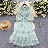 French High-End Elegant Dress Female Senior Sense Strap To The Waist Lantern Sleeve Embroidered Mesh A Word Over Knee Dress