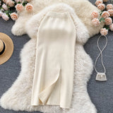 Simple Solid Color Skirt Winter With Sweater High Waist Thin Temperament Open Elastic Knitted Hip Long Skirt