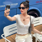 2025 Summer Fashion Trend Women's New Short-Sleeved V-Neck Lace Lace-Up T-Shirt
