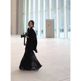 High-End Feel-Dew Back Drawstring Long-Sleeved Sunscreen Shirt Mesh Splicing Sling Long Skirt Two Sets
