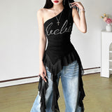 2025 Summer Fashion Trend Women's New Slant Shoulder Repair Letter Drill Irregular Vest Woman