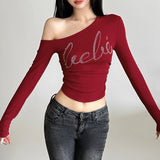 2025 Winter Fashion Trend Women's New Personality Hottie Slant Shoulder Repair Letter Hot Umbilical Umbilical Clad Tops