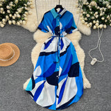 Printed Short-Sleeved Dress Women Autumn Polo Tie Straps To The Waist Design Small Chic Temperament Long Dress