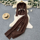 European Goods Fashionable Wearing A Famous Man's High-Level Feeling Strapped With A Waist Suit Collar Long-Sleeved Knitted Top High Waist Broad Leg Trousers