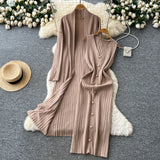 Cincupies Senior Sense Loose External Medium And Long Knitted Cardigan Jacket + Sleeveless Metal Buckle Joint Skirt