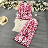 Vintage Fashion Positioning Print Strapping Belt Collar Long Sleeve Top Female High-Waist Broad Leg Straight Trousers Set