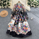 Court Retro Design Cross V-Neck Yarn Lantern Sleeve Strap To The Belt Print Big Swing Ponve Dress