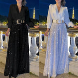 ZC-5997 Long-Sleeved Temperament Elegant Waist Display Thin V-Neck Broad Leg Trousers Set Without Belt