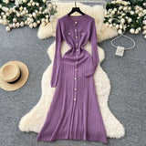 French Small Fragrant High-Grade Metal Buckle Waist Dress Women 2025 Autumn Thin Temperament Hollow Knitted Long Dress