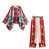 Women's Clothing Positioning Printed Bat Sleeve Loose Shirt + High Waist Loose Straight Through The Casual Pants Women's Suit