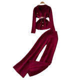European Goods Fashionable Wearing A Famous Man's High-Level Feeling Strapped With A Waist Suit Collar Long-Sleeved Knitted Top High Waist Broad Leg Trousers