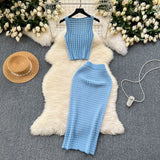 Hong Kong Style Retro Hottie Suit Women's Summer Short Vest Top With High Waist Half Skirt Knit Two Sets